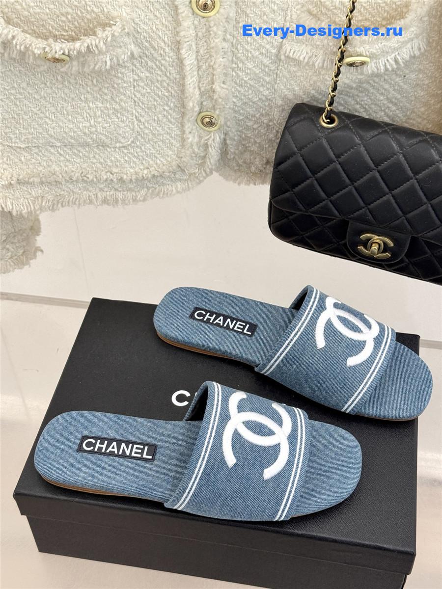 Ch**el light blue denim embroidery flat slippers