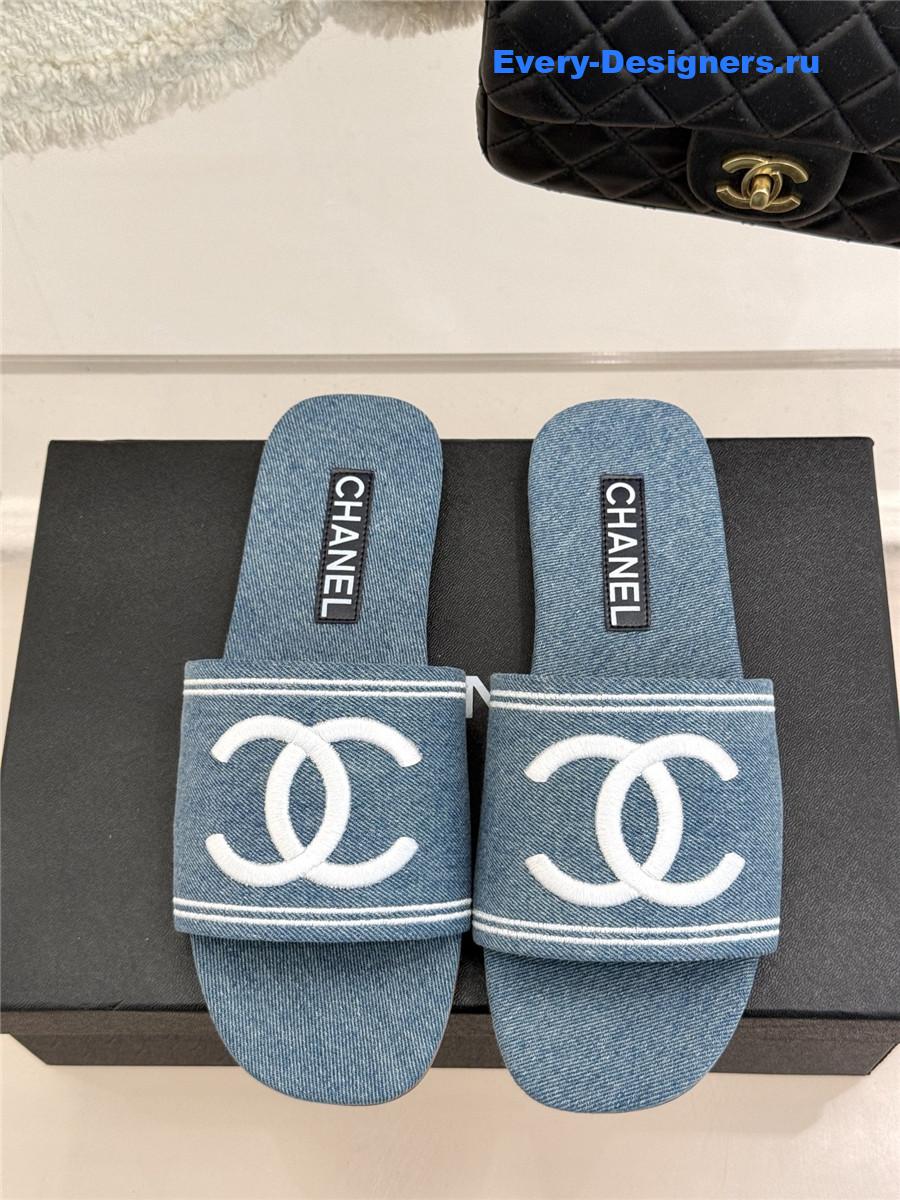 Ch**el light blue denim embroidery flat slippers