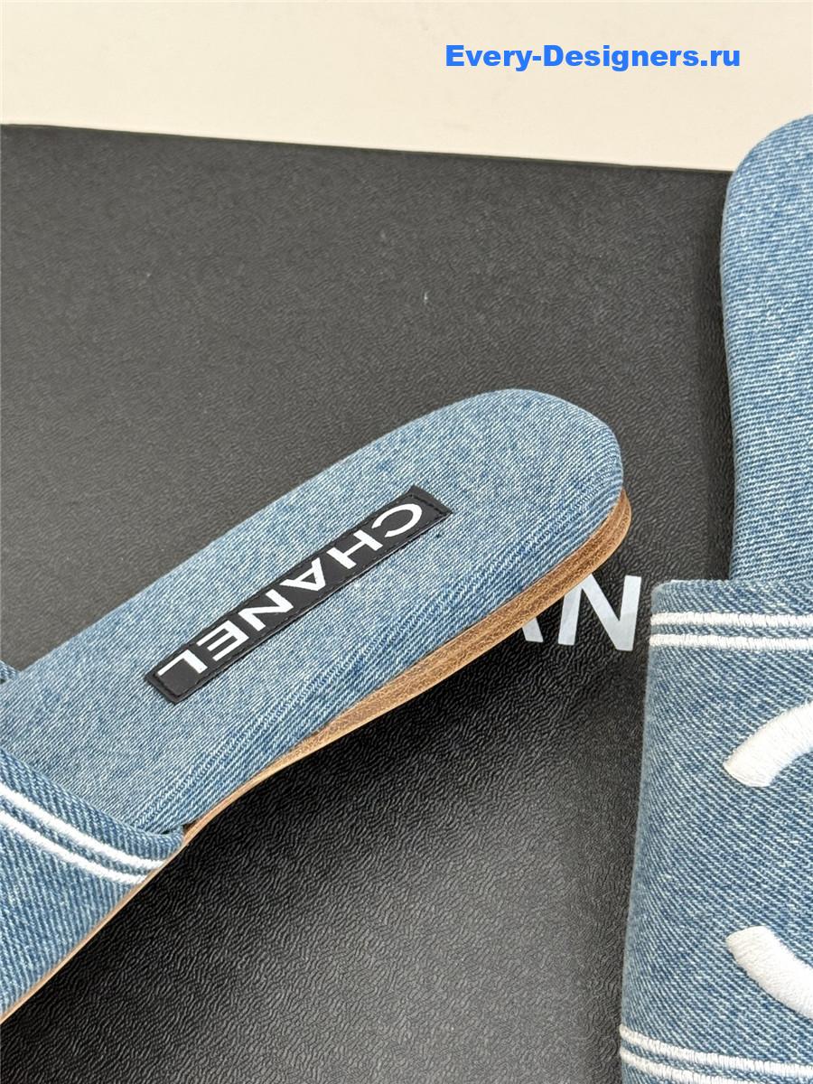 Ch**el light blue denim embroidery flat slippers