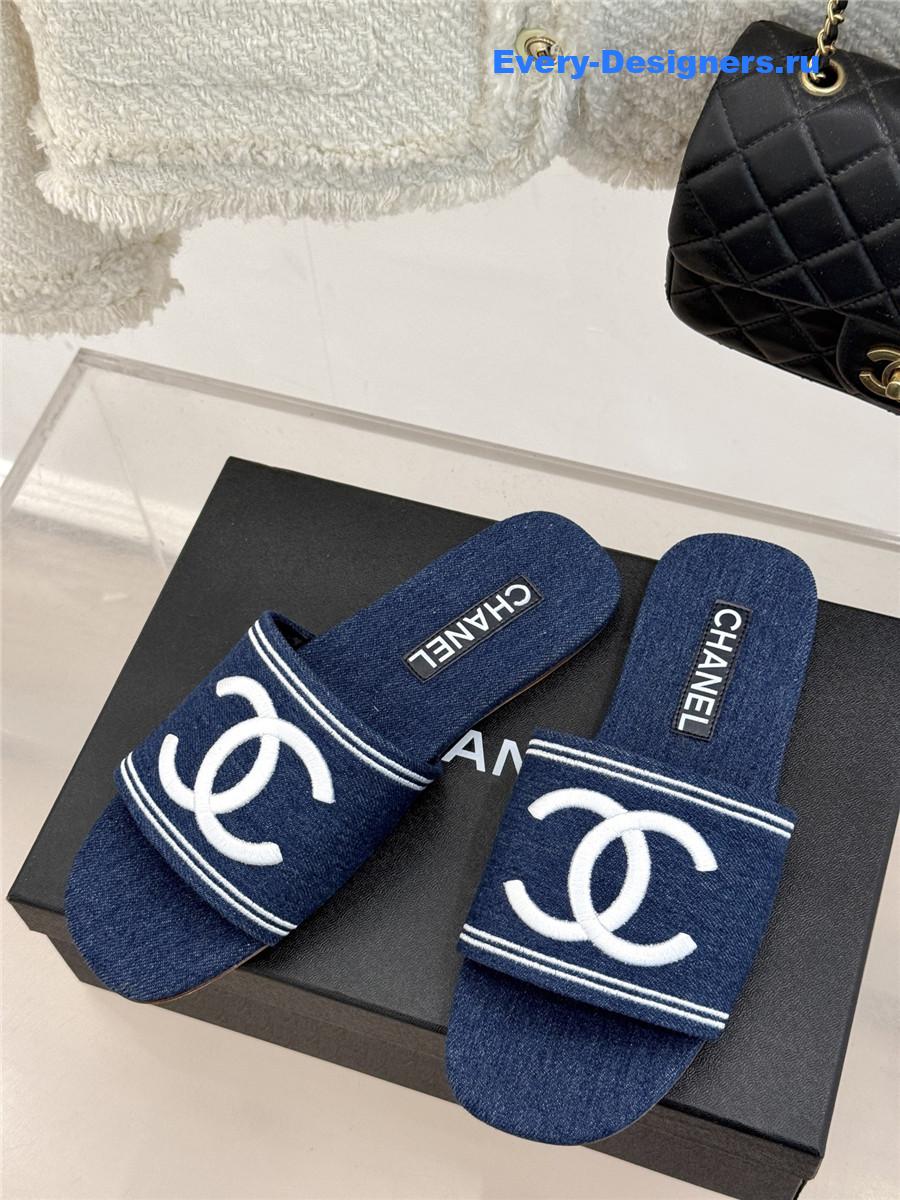 Ch**el denim embroidery flat slippers