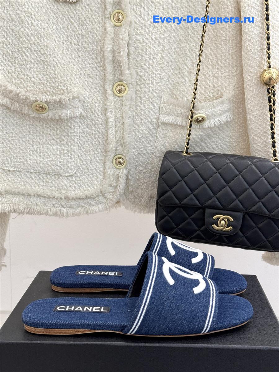 Ch**el denim embroidery flat slippers