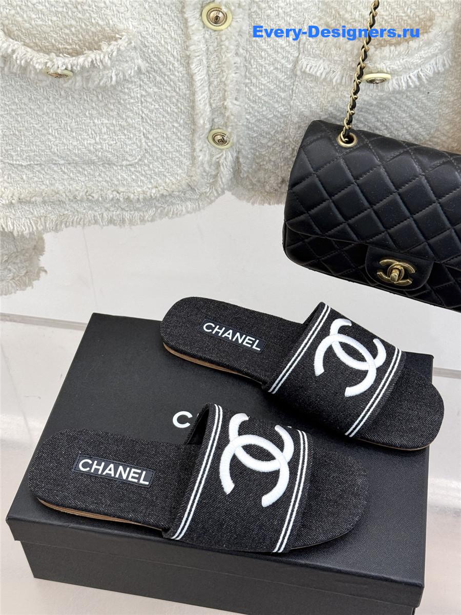 Ch**el black denim embroidery flat slippers