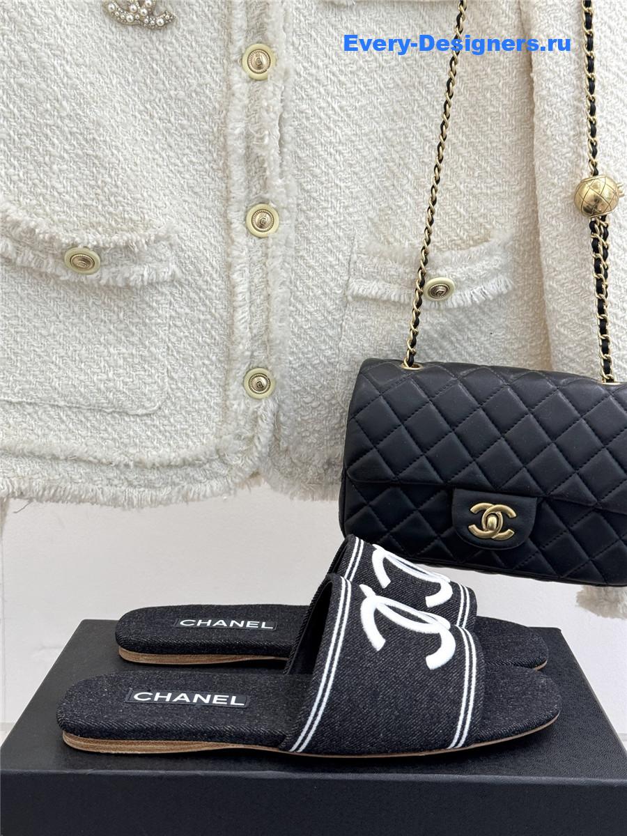 Ch**el black denim embroidery flat slippers