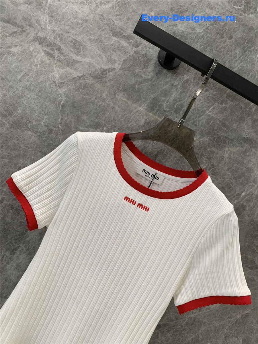 Miu Miu Red Embroidered Crew Neck Top