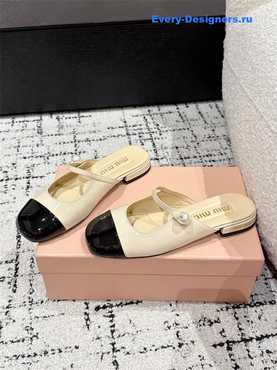 Miu Miu Block Heel Mary Jane Slippers Beige