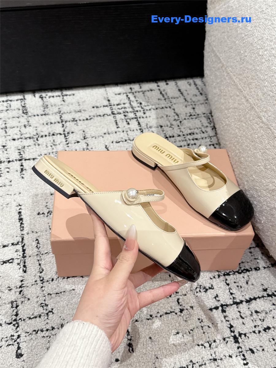 Miu Miu Block Heel Mary Jane Slippers Beige