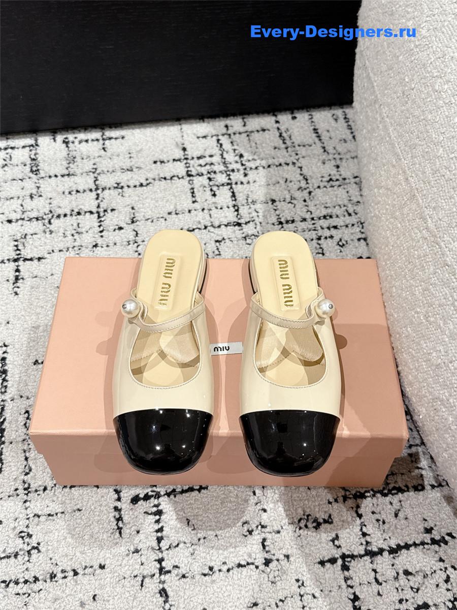Miu Miu Block Heel Mary Jane Slippers Beige