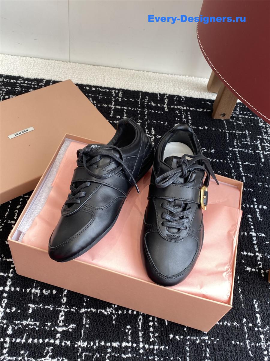 Miu Miu Black Leather Buckle Detail Low-Top Sneakers