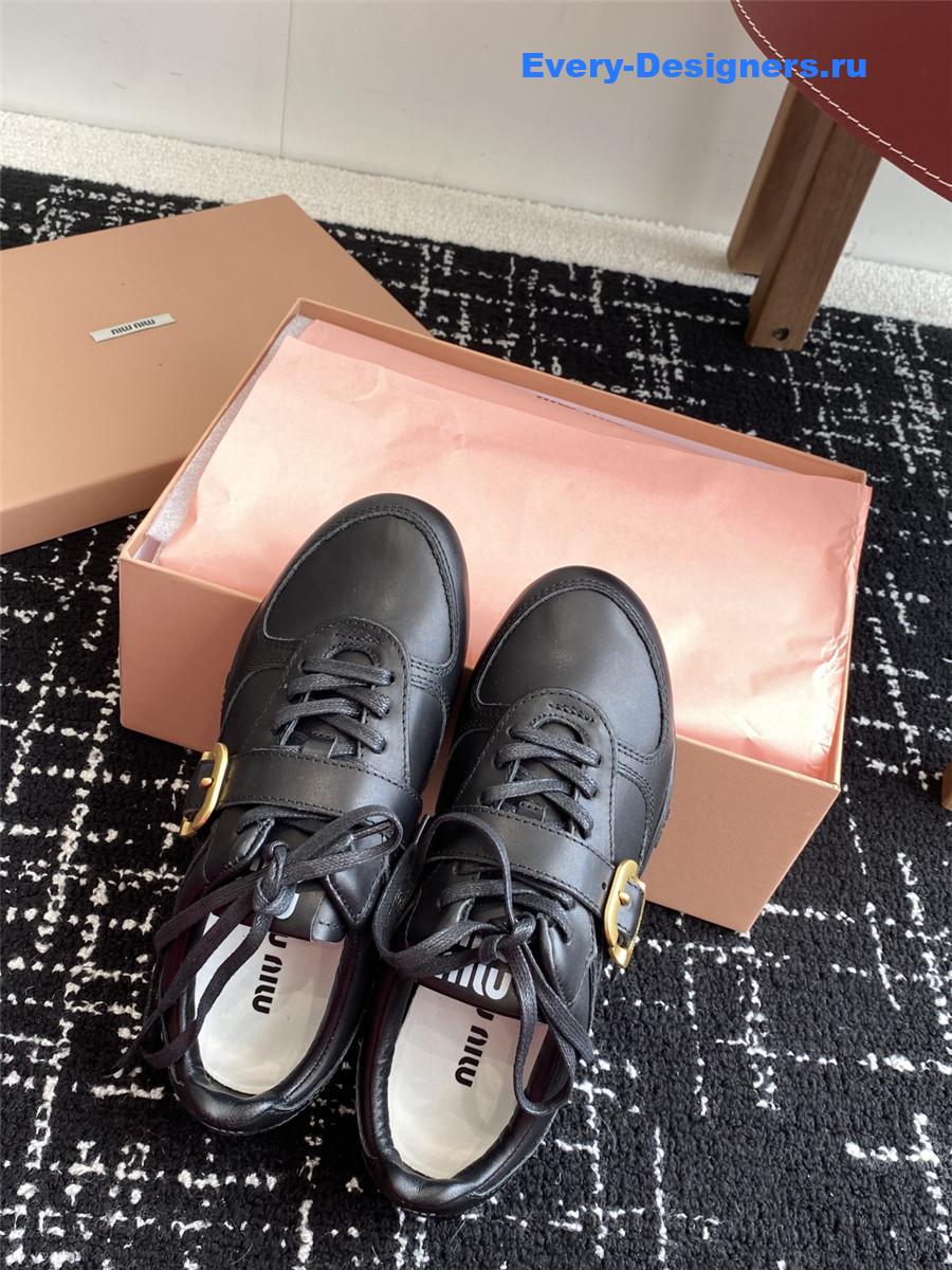 Miu Miu Black Leather Buckle Detail Low-Top Sneakers