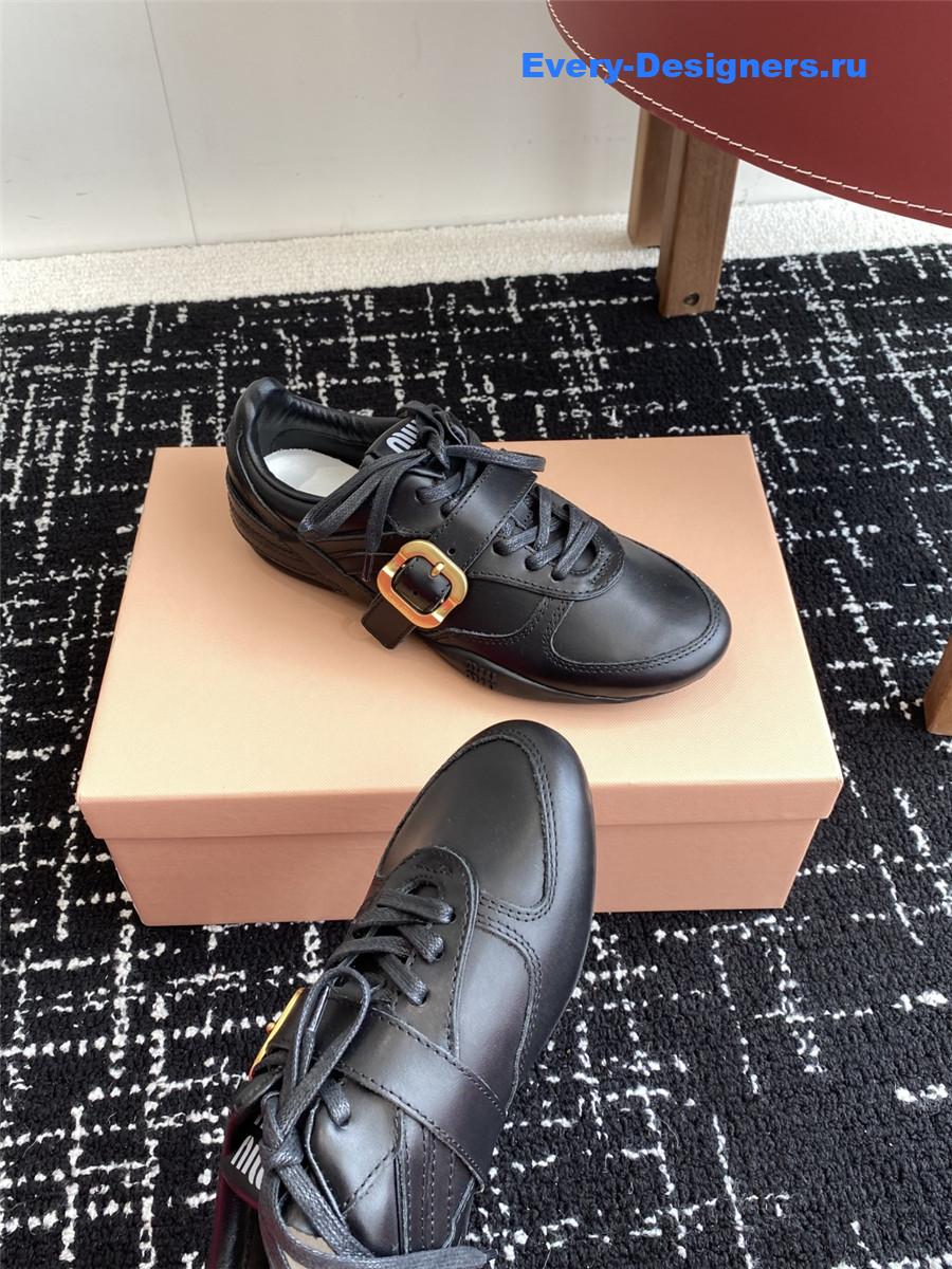 Miu Miu Black Leather Buckle Detail Low-Top Sneakers