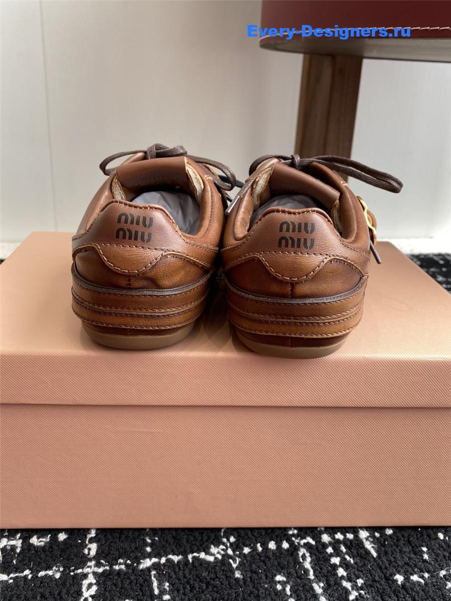 Miu Miu Brown Leather Buckle Detail Low-Top Sneakers