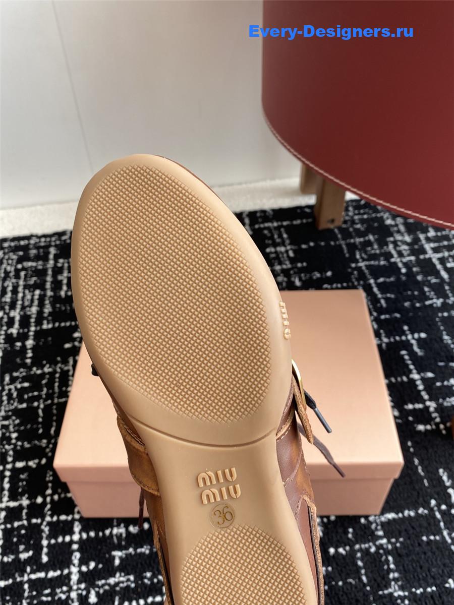 Miu Miu Brown Leather Buckle Detail Low-Top Sneakers