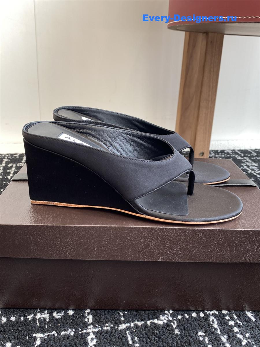 Alaia Black Satin Wedge Sandals