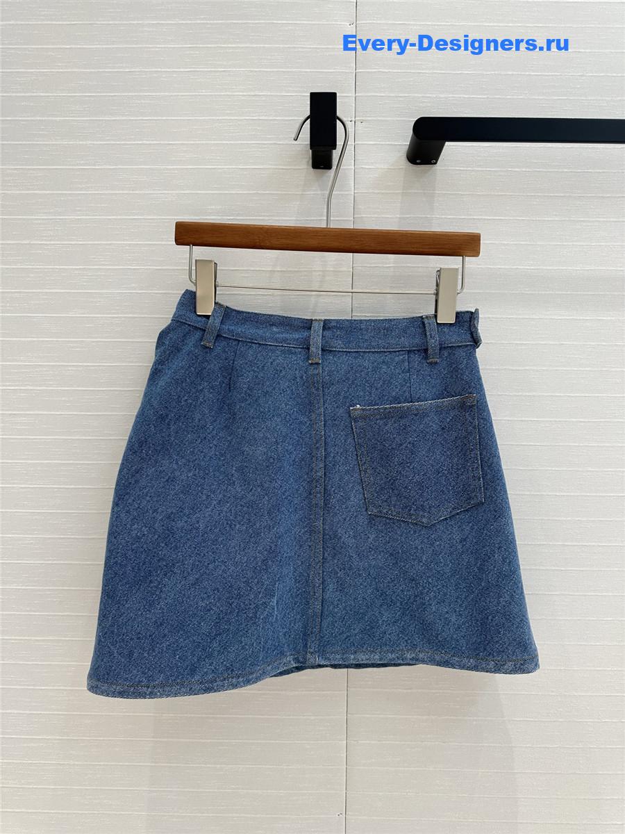 L0ew* leather-trimmed draped denim mini skirt