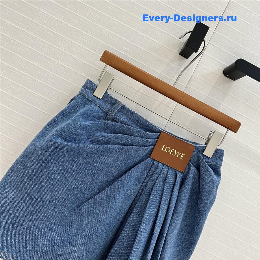 L0ew* leather-trimmed draped denim mini skirt