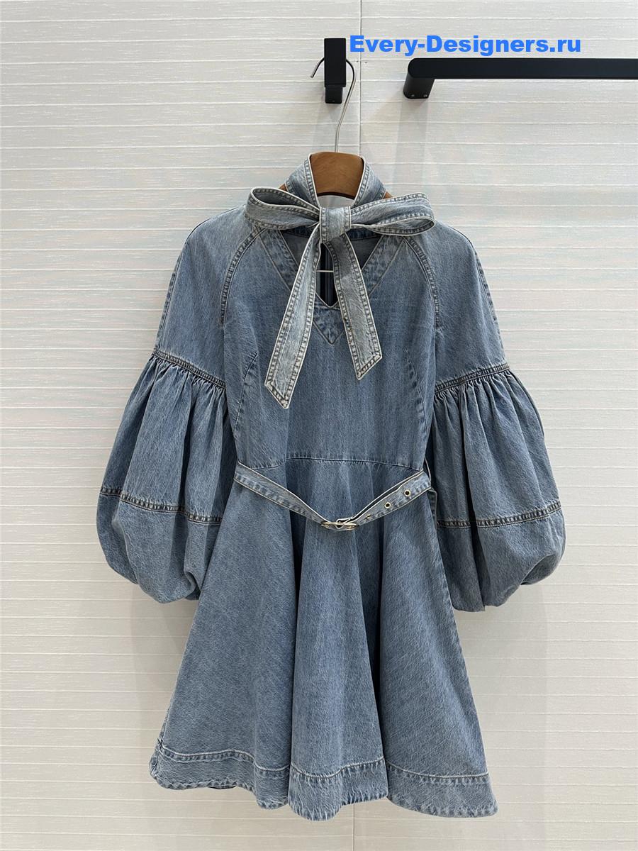 Zimm Tie-Neck Denim Mini Dress