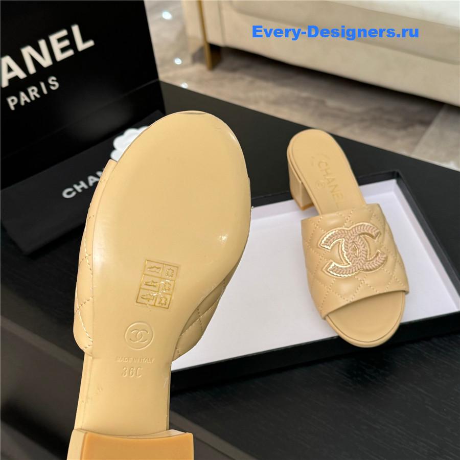 Ch**el cc beige sheepskin heel slippers