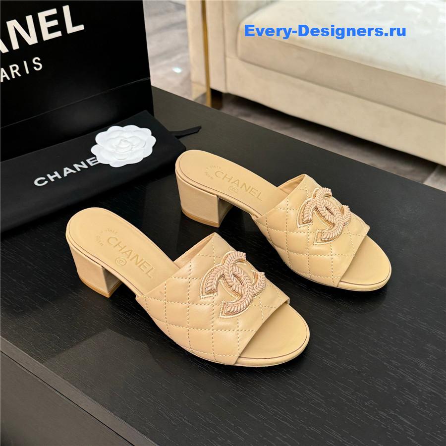 Ch**el cc beige sheepskin heel slippers
