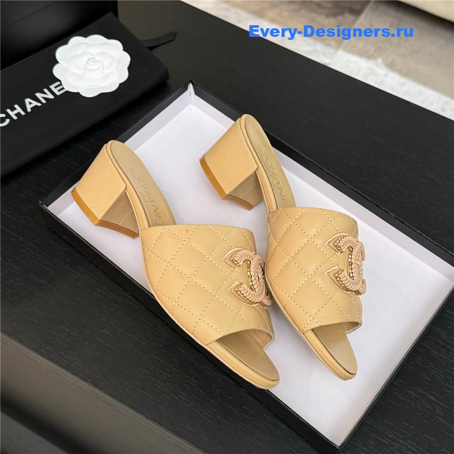 Ch**el cc beige sheepskin heel slippers