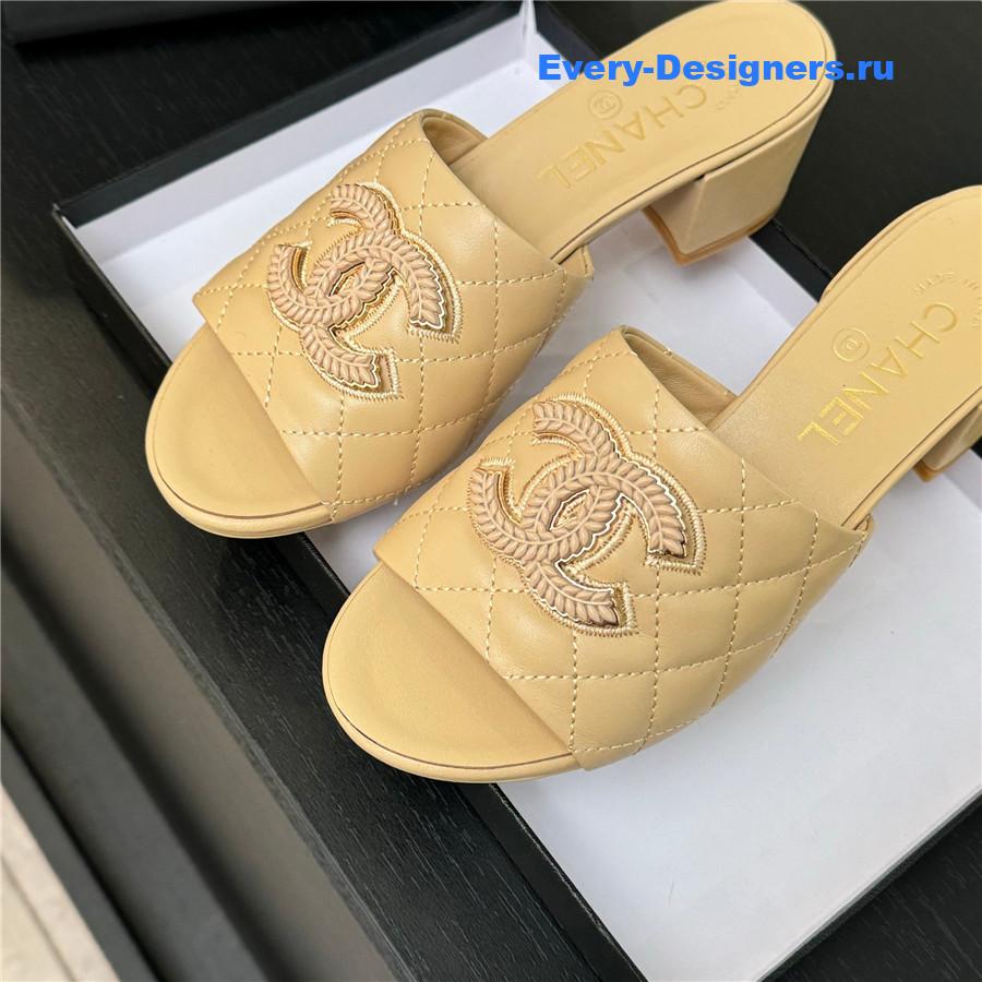 Ch**el cc beige sheepskin heel slippers