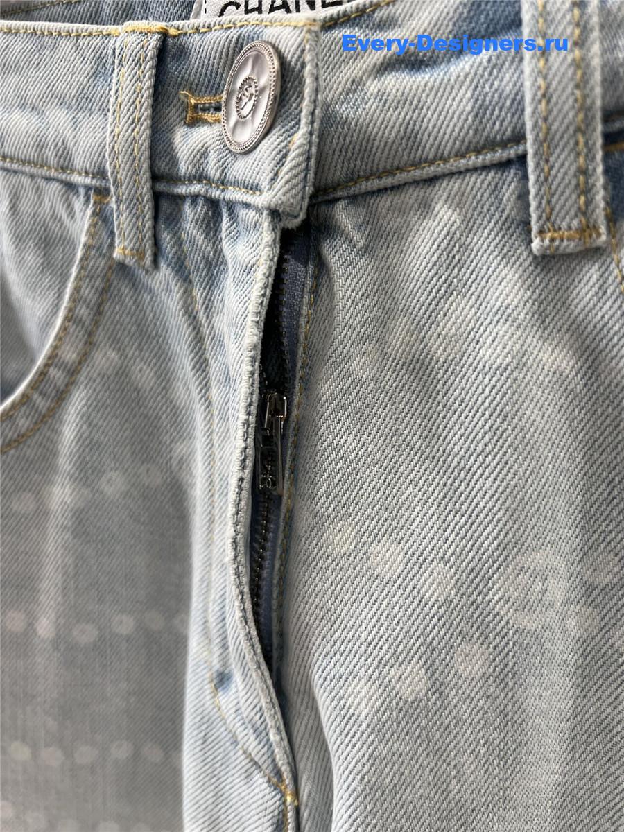 Ch**el pearl print logo light blue wide-leg jeans