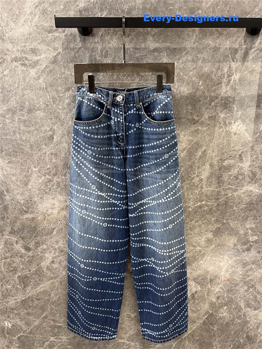 Ch**el pearl print logo wide-leg jeans