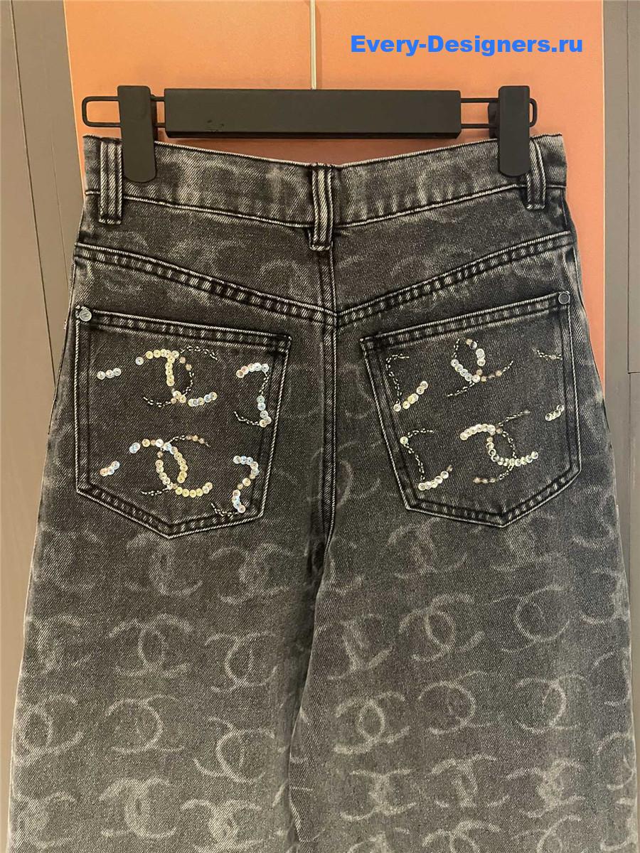 Ch**el grey logo sequin wide-leg jeans