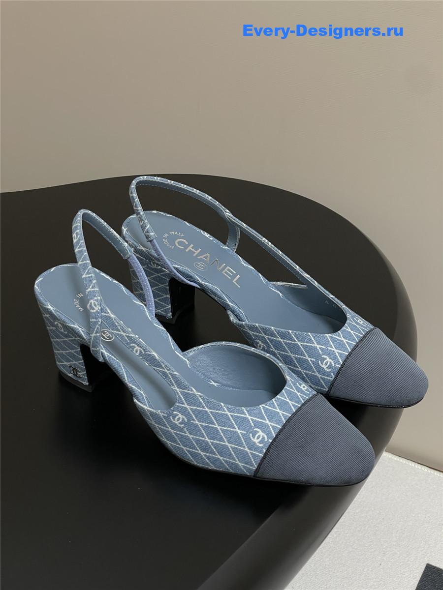 Ch**el denim slingback block heels