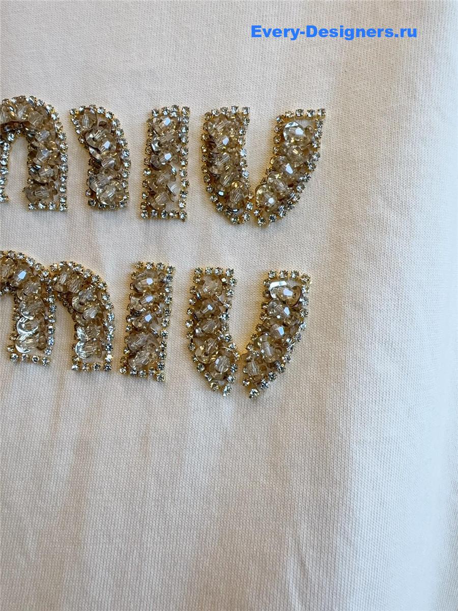 Miu Miu Logo-Embellished Crewneck T-Shirt in White