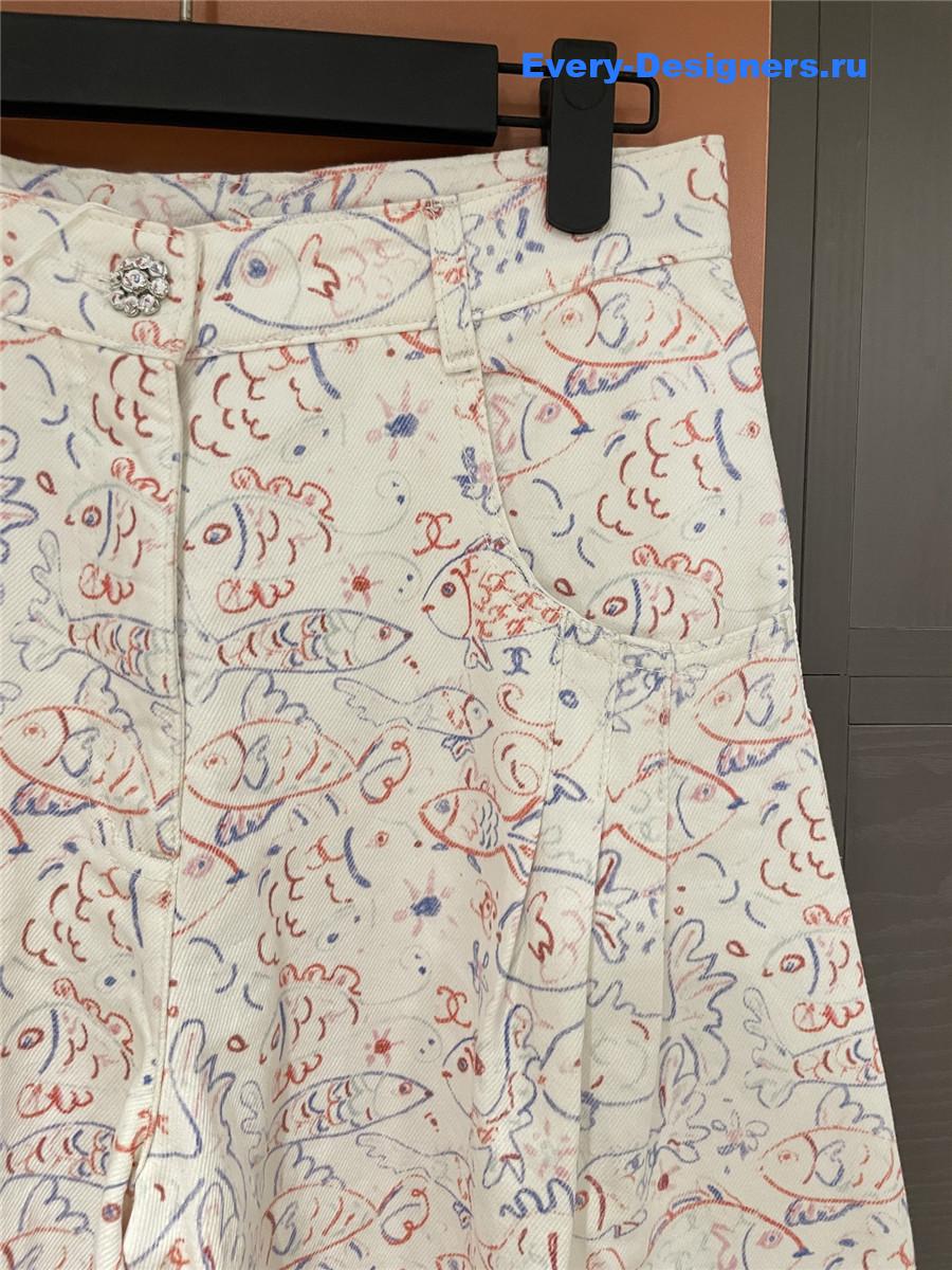 Ch**el fish print wide leg jeans