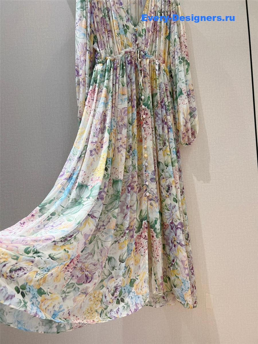 Zimm Floral Frill Sleeve Linen Dress