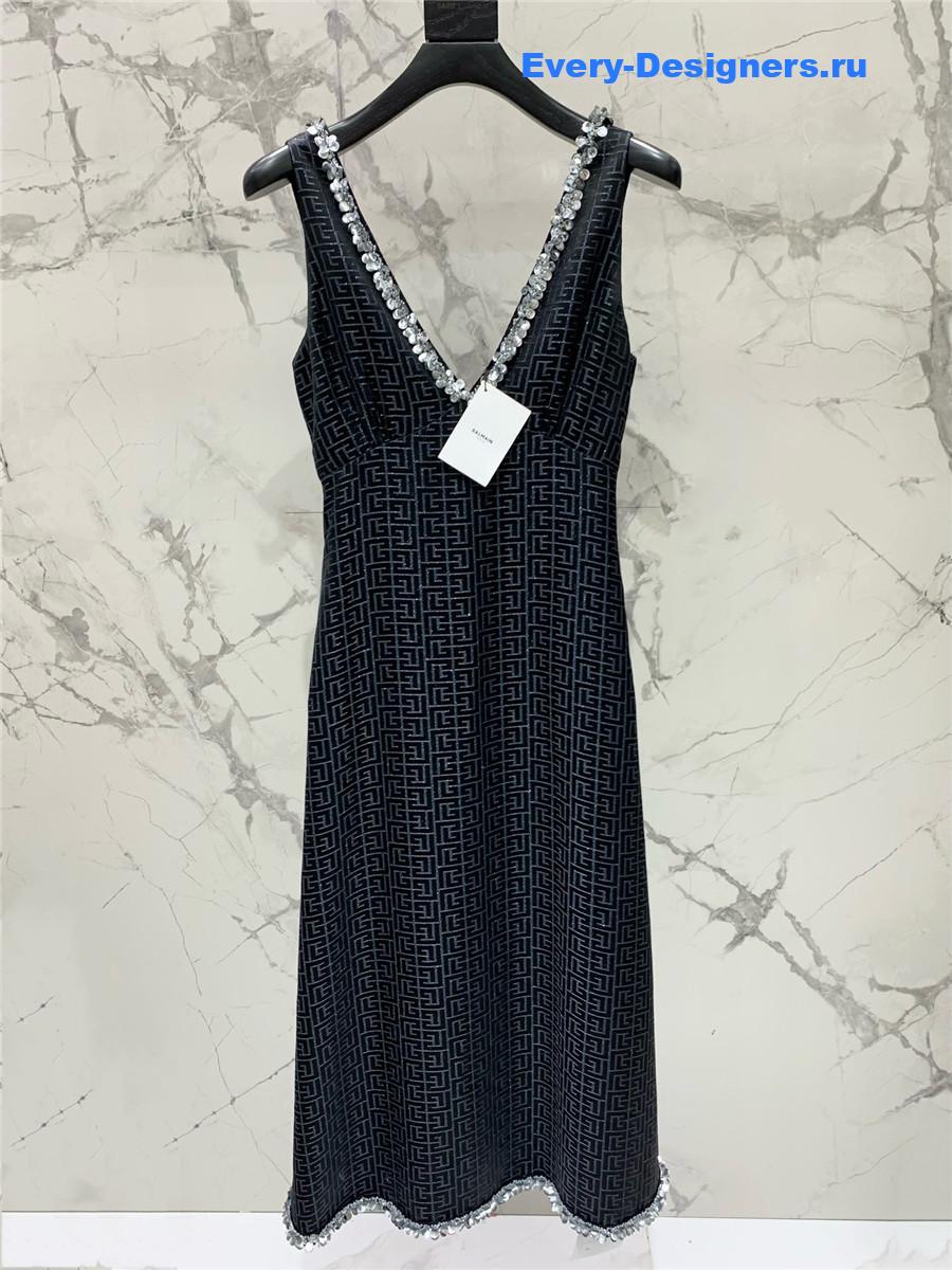 Balmain V-Neck Silk Beaded Dress