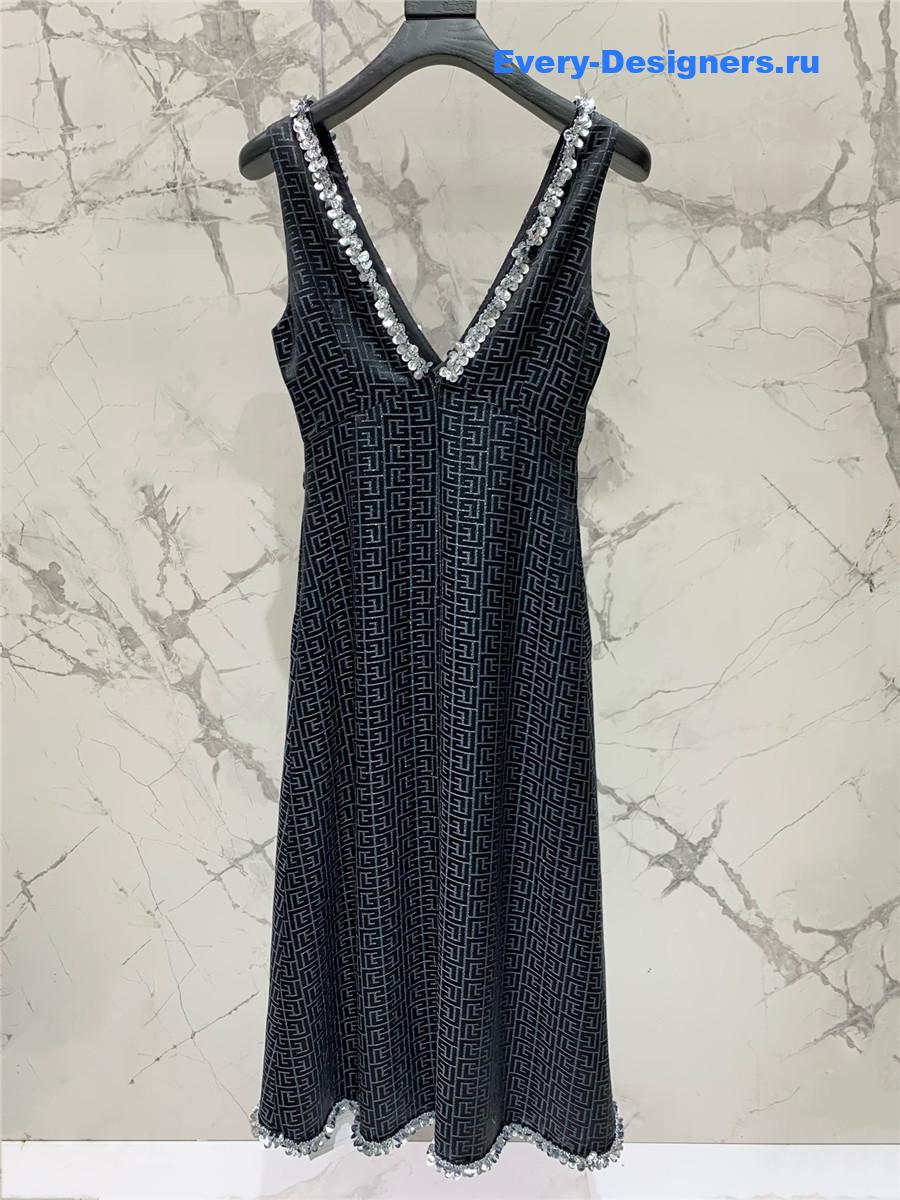 Balmain V-Neck Silk Beaded Dress