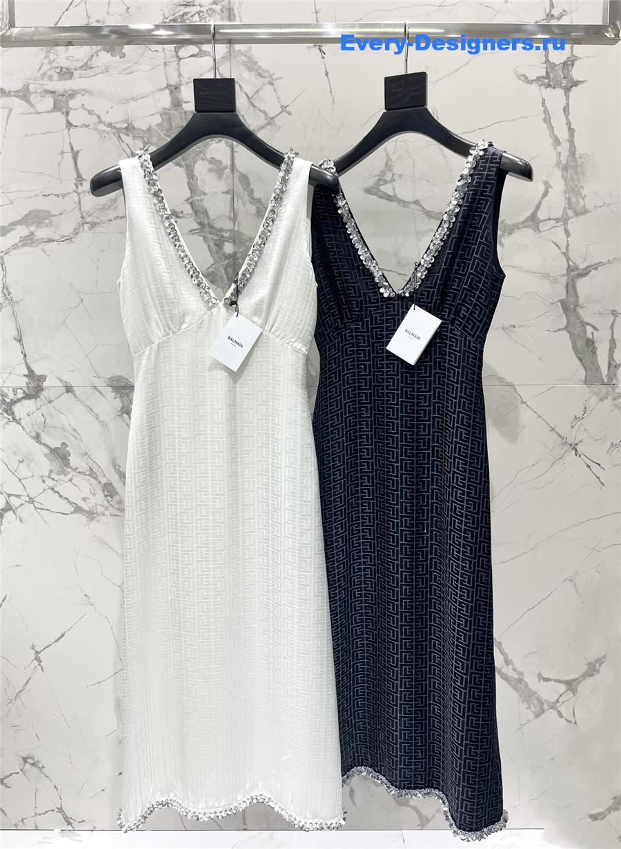 Balmain V-Neck Silk Beaded Dress