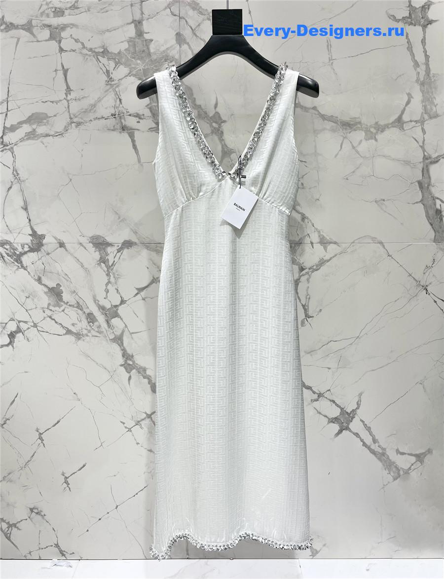 Balmain White Silk Beaded Dress