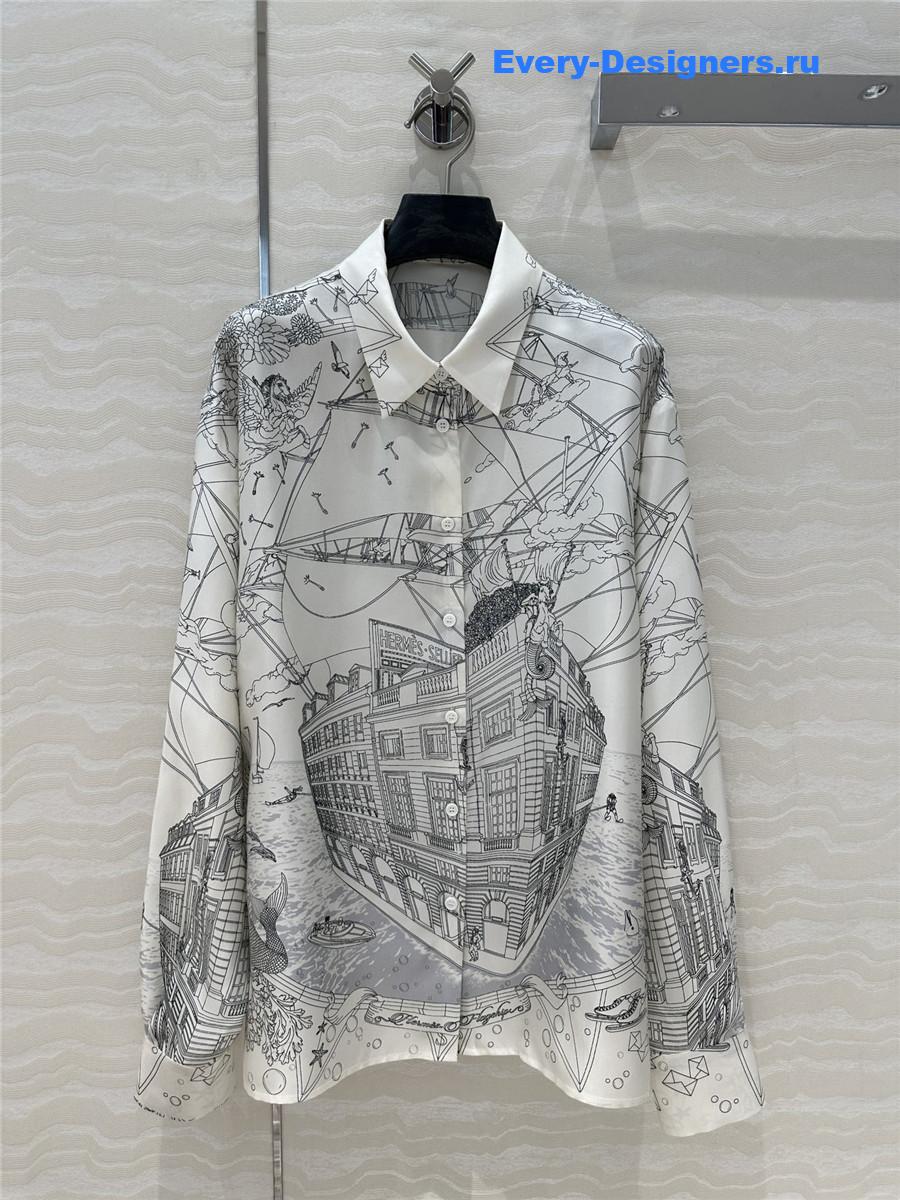 H**me5 gray scarf print silk shirt
