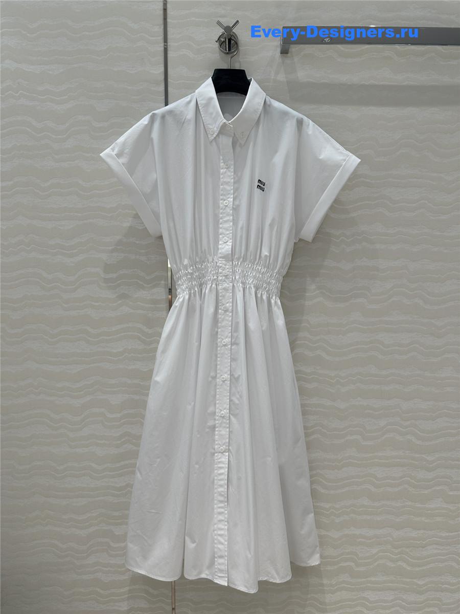 Miu Miu Drawstring-Waist Silk Midi Shirtdress in White