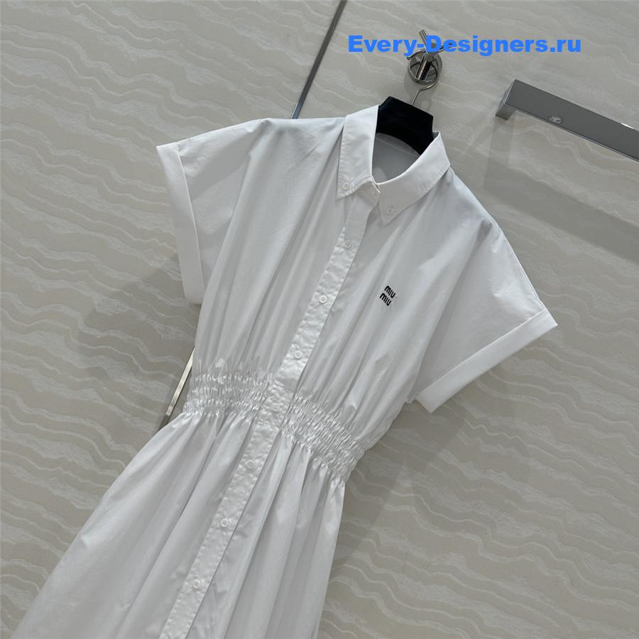 Miu Miu Drawstring-Waist Silk Midi Shirtdress in White