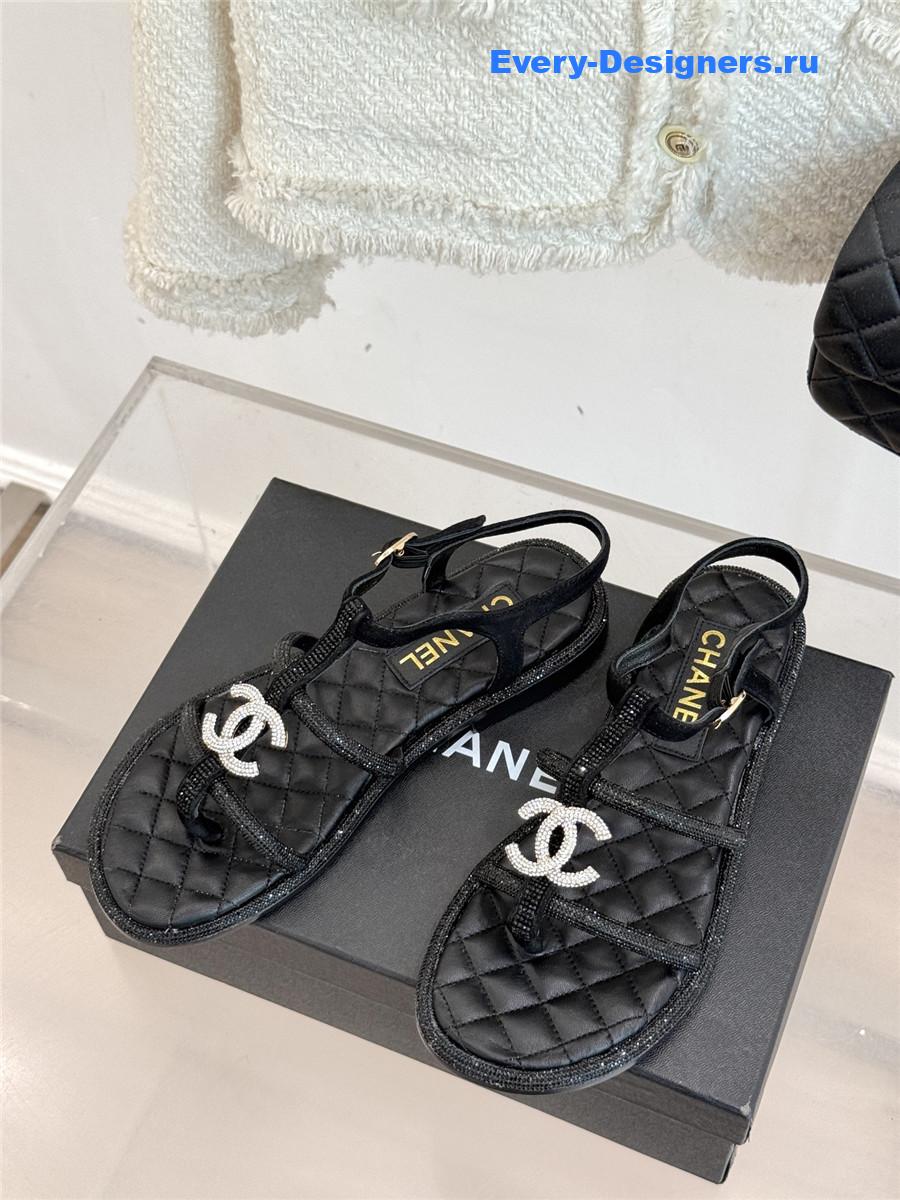 Ch**el black rhinestone cc flip flops