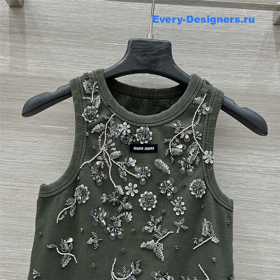 Miu Miu Olive Green Embroidered Knit Top