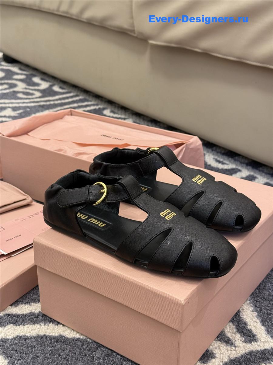 Miu Miu Briarwood Black Leather Fisherman Sandals