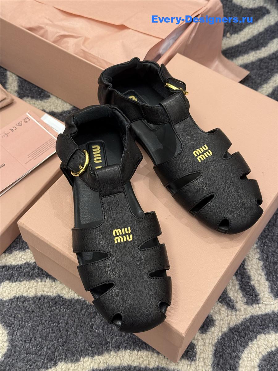 Miu Miu Briarwood Black Leather Fisherman Sandals