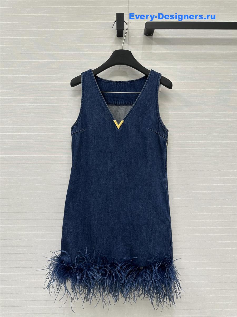 Va1e*ntin0 feather-trim denim dress