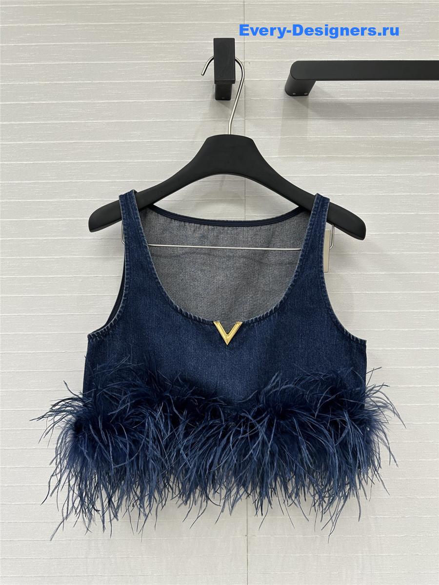 Va1e*ntin0 garavani feather-trim denim crop top