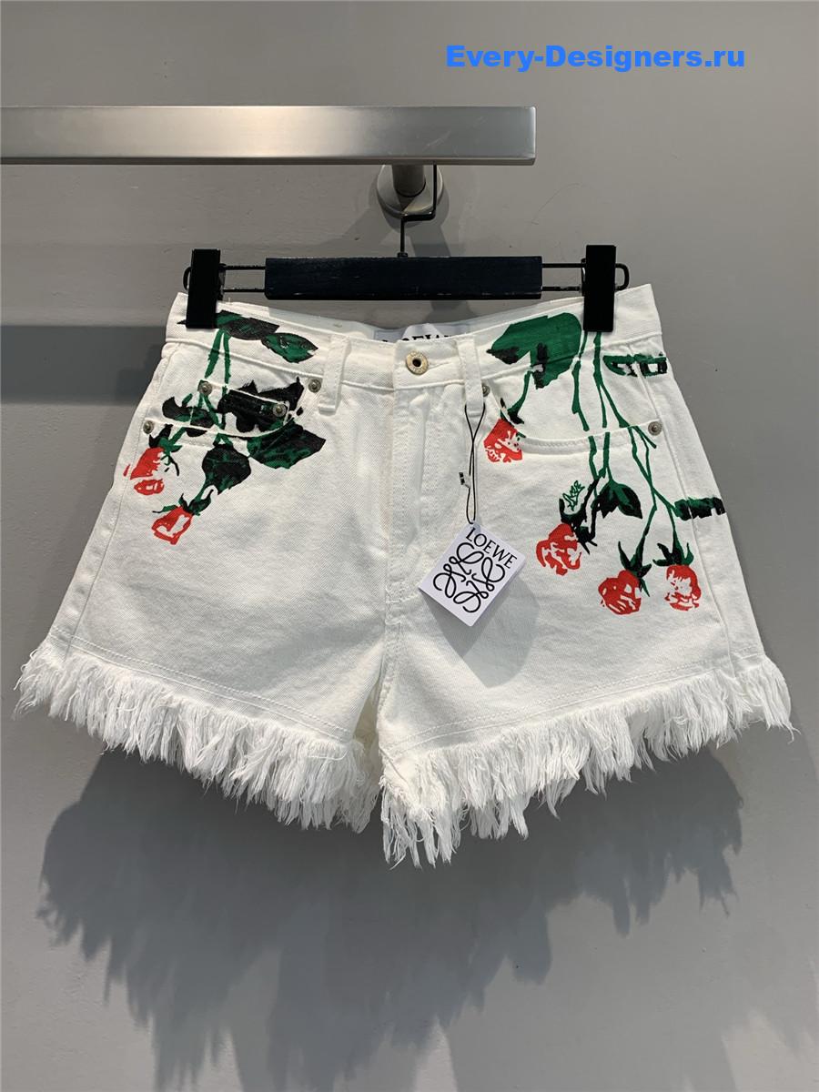 L0ew* floral fringed denim shorts