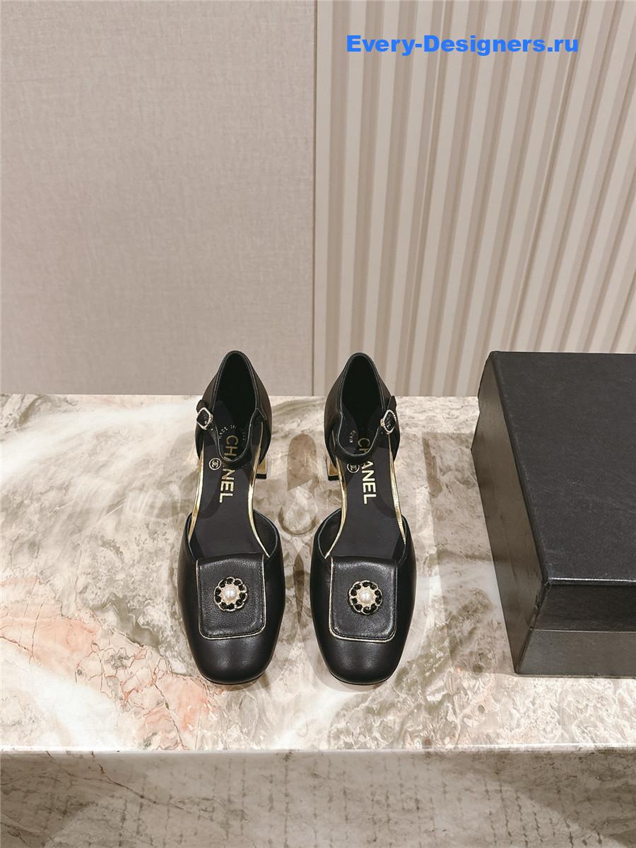 Ch**el black leather ankle strap pumps