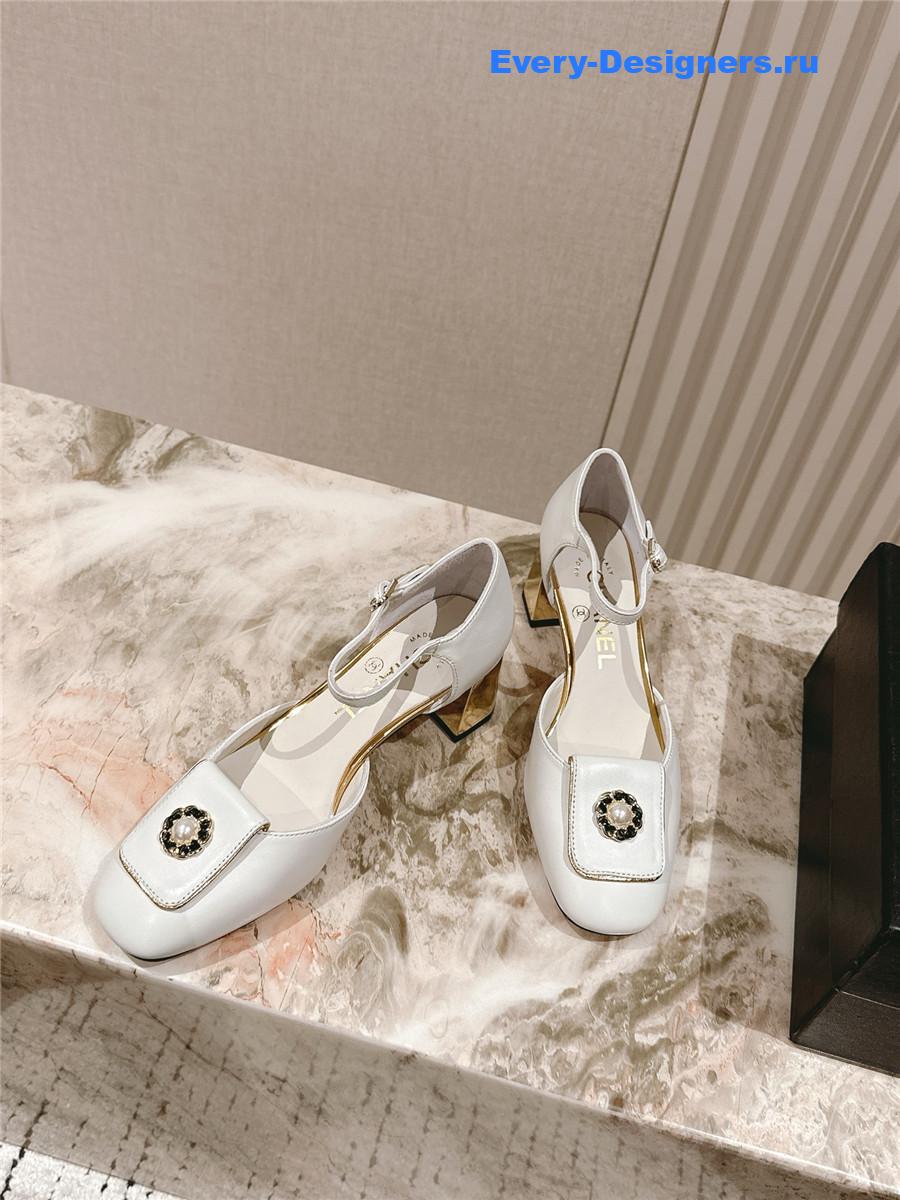 Ch**el white leather ankle strap pumps