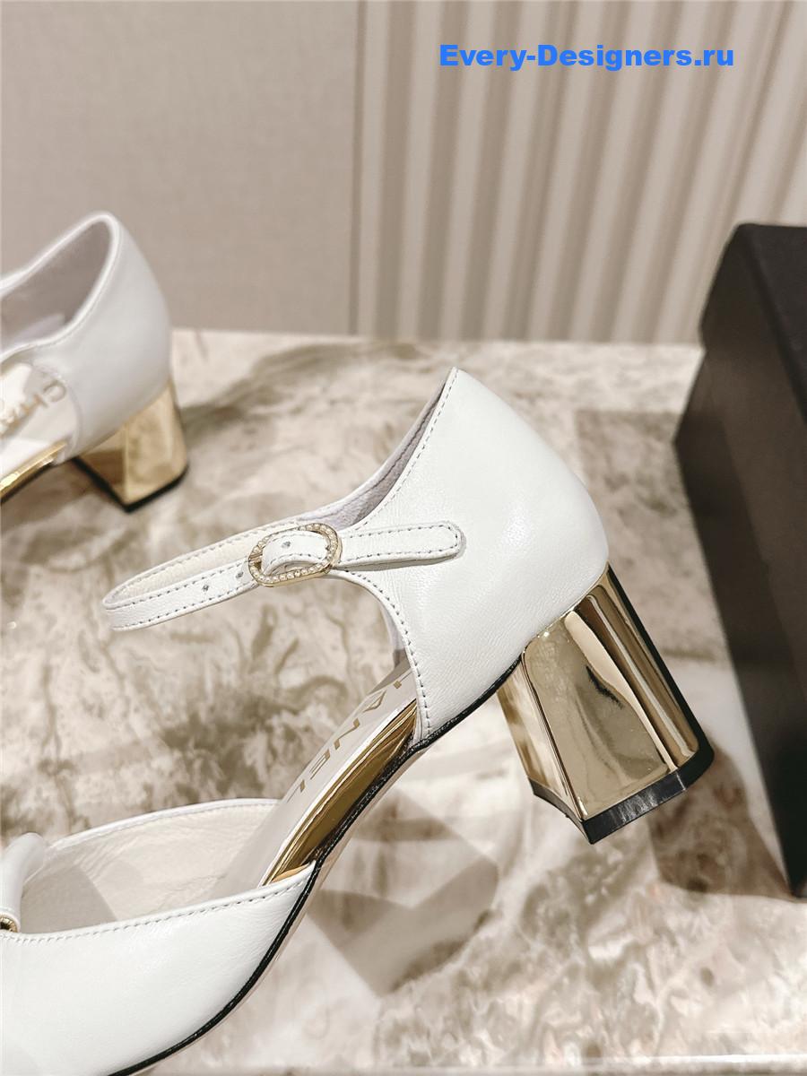 Ch**el white leather ankle strap pumps