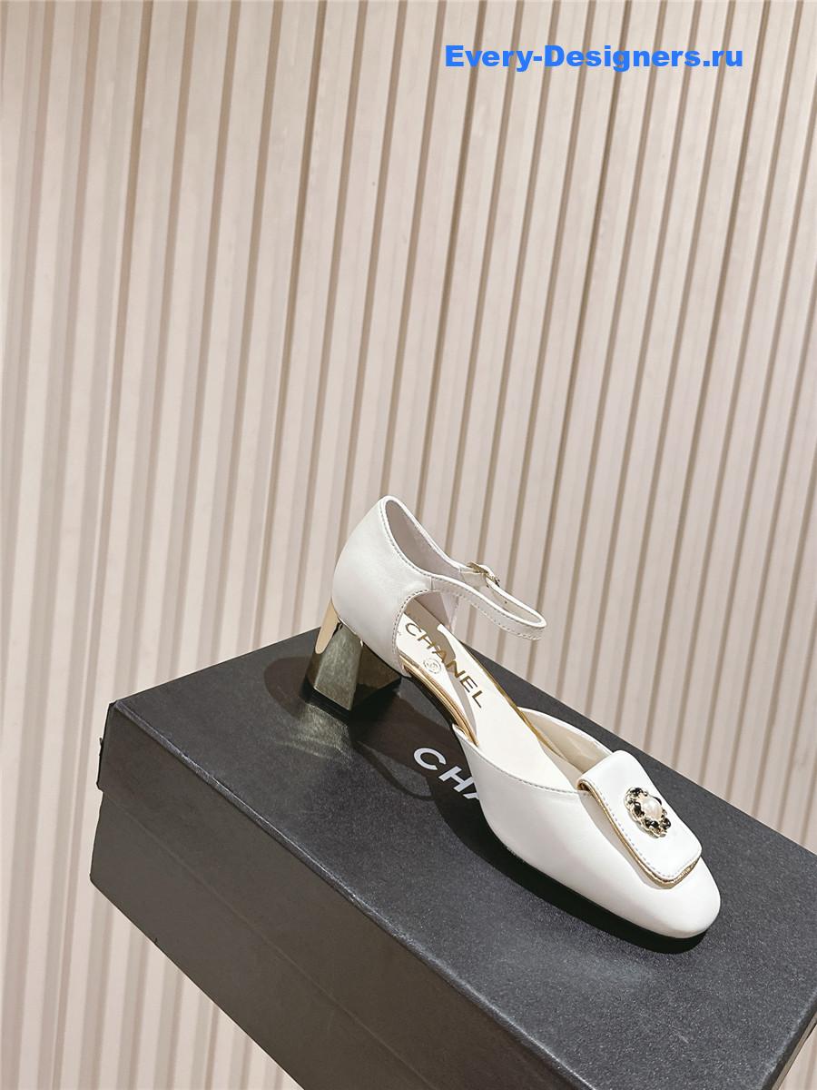 Ch**el white leather ankle strap pumps