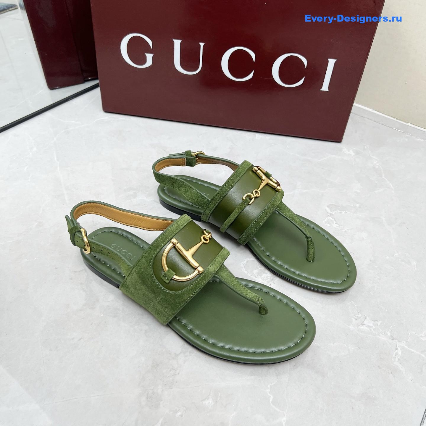 Gvc*1 green leather horsebit sandals